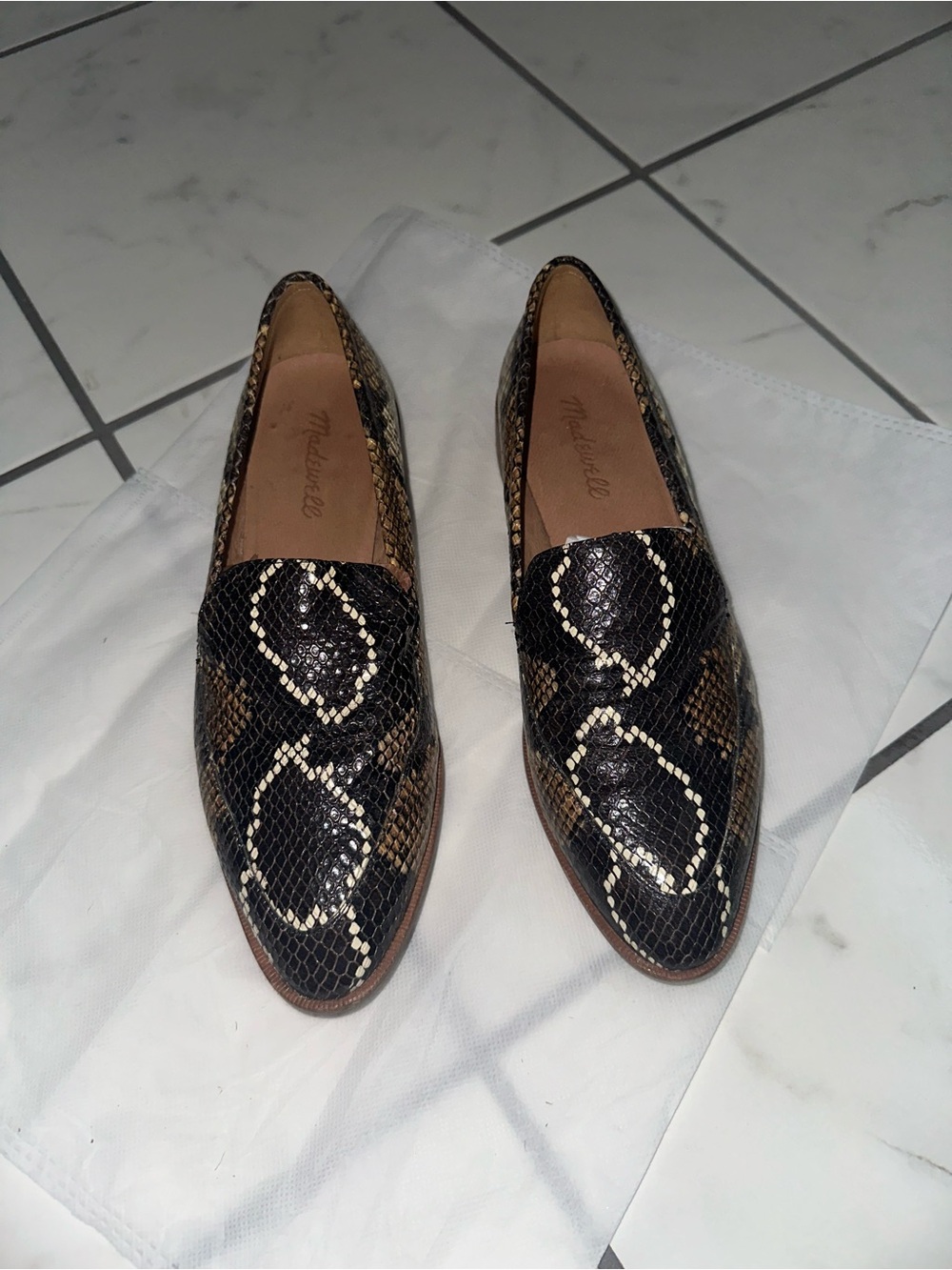 Madewell Pointed Snake-Print Loafers in Black & Brown